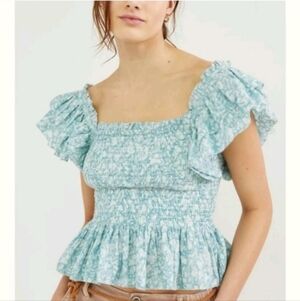 Love The Label Smocked Ruffle Square Neck Top Sz L